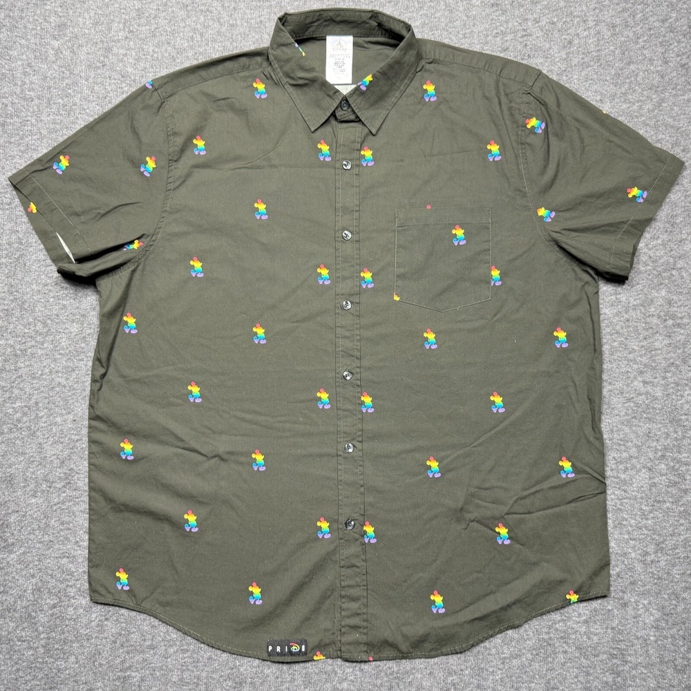 Disney Shirt Mens XL‎ Green Mickey Mouse Pride Rainbow LGBTQ+ Hawaiian Button